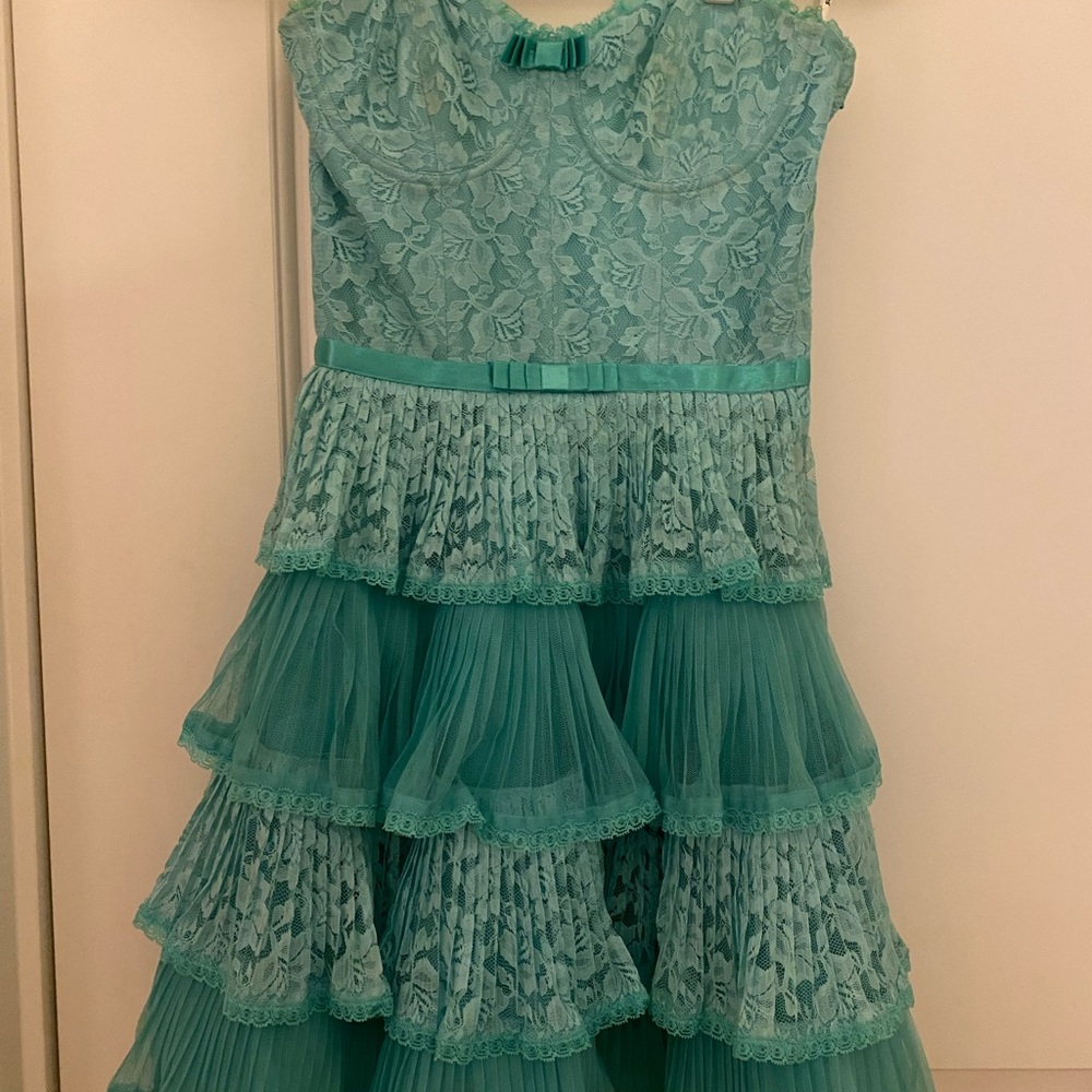 Betsey Johnson Turquoise Tiered Ruffled Lace Dress